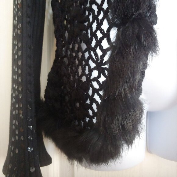 Ruby Cho Black Floral Knitted Faux Fur Sweater Sequin Open Front Romantic XL - Picture 6 of 16